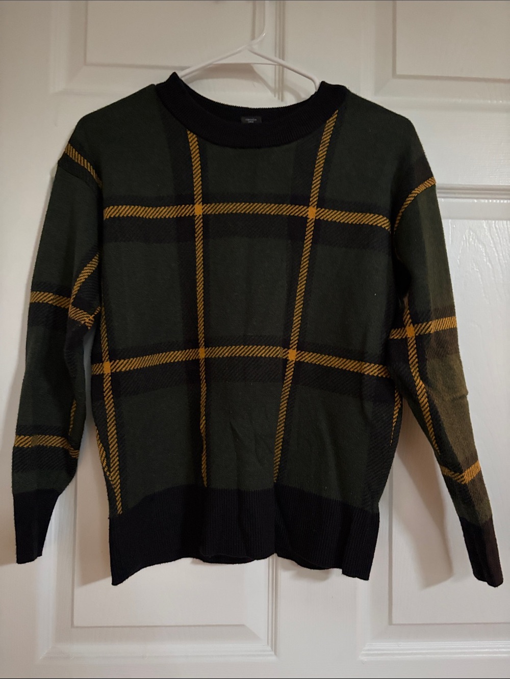 Tahari Olive Green Plaid Crewneck Sweater with Mustard Stripes